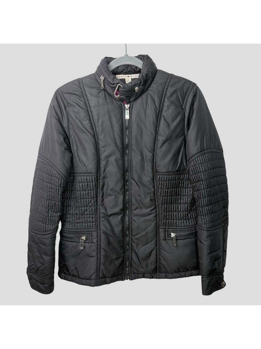 Tommy Hilfiger Black Nylon Puffer Jacket Women's M Zip Front Y2K Modular Basic